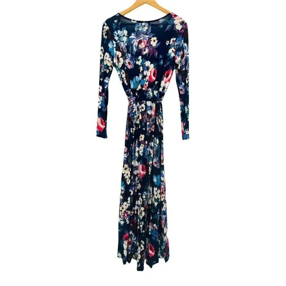 Reborn J Womens Blue Floral V Neck Wrap High Low Long Sleeve Dress M Boho Flowy - Picture 3 of 7
